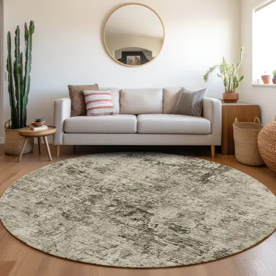 8' Beige And Taupe Abstract Washable Round Rug With UV Protection Photo 4