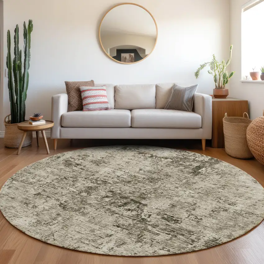 8' Beige And Taupe Abstract Washable Round Rug With UV Protection Photo 4