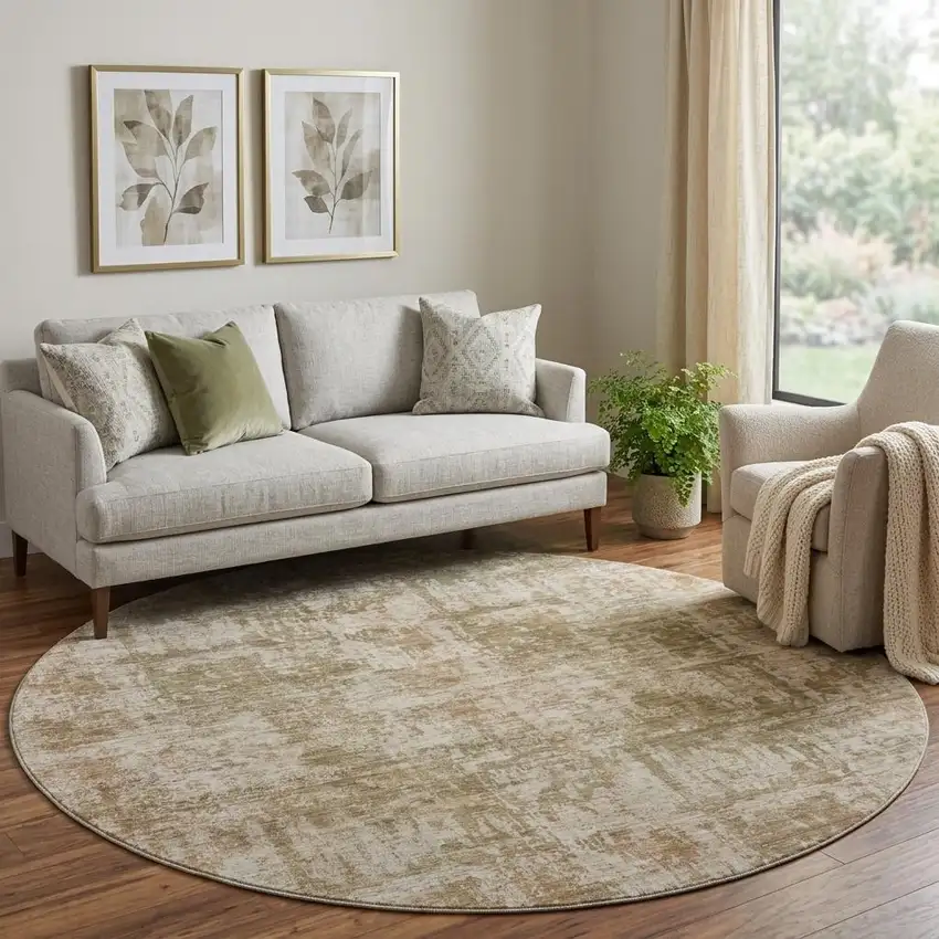 8' Beige And Taupe Abstract Washable Round Rug With UV Protection Photo 1