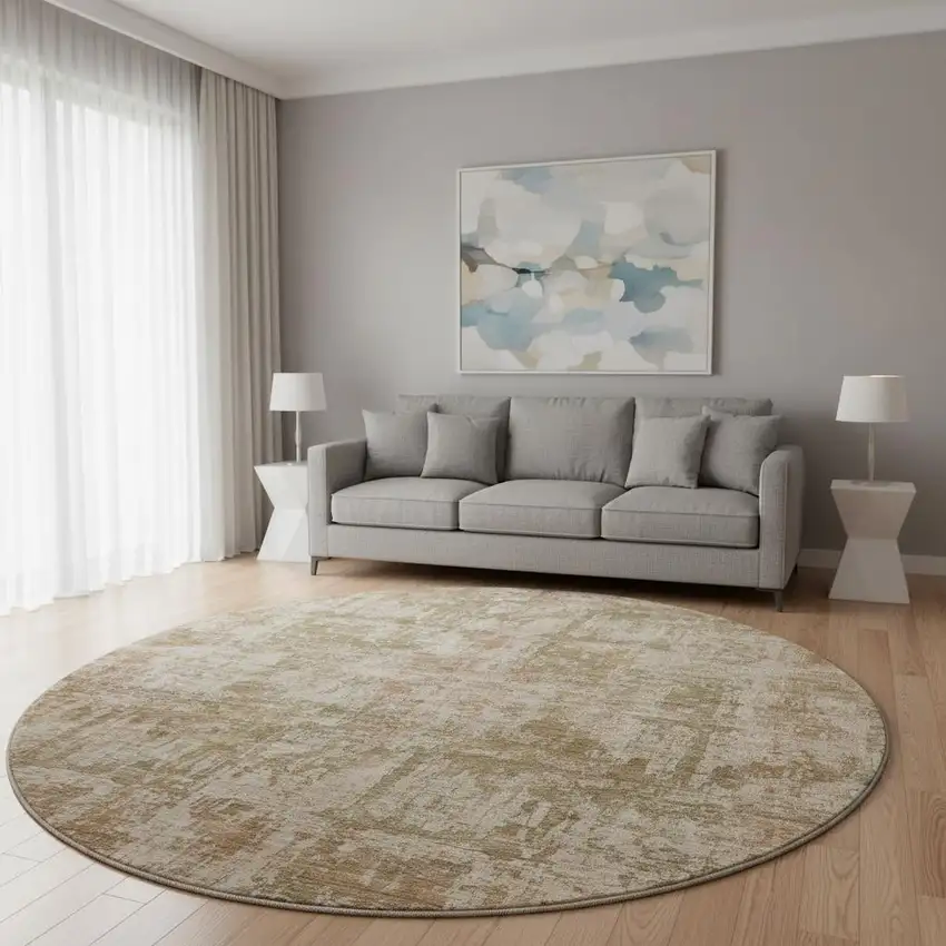 8' Beige And Taupe Abstract Washable Round Rug With UV Protection Photo 2
