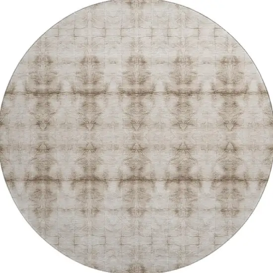 8' Beige And Taupe Geometric Washable Round Rug With UV Protection Photo 3