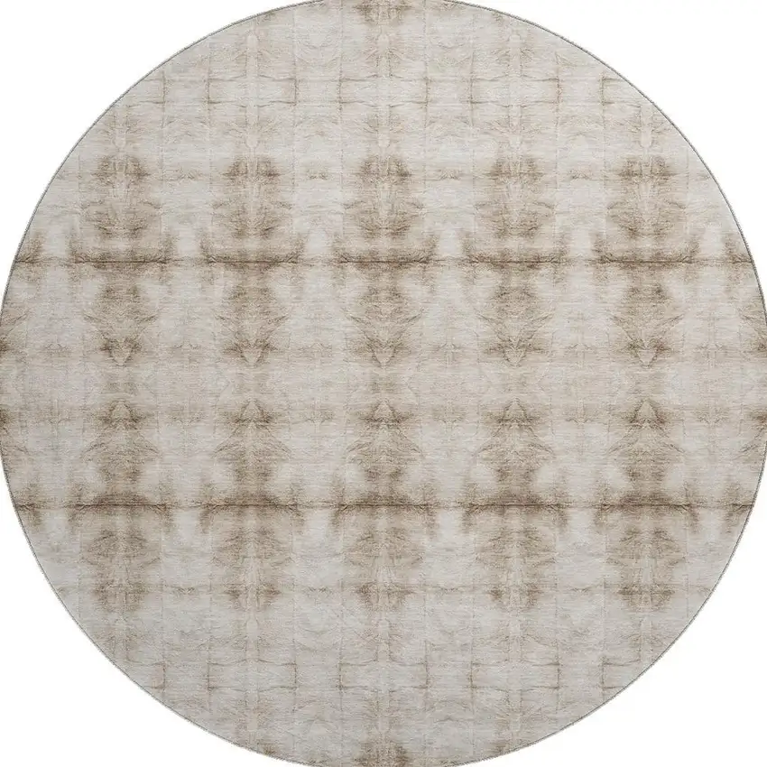 8' Beige And Taupe Geometric Washable Round Rug With UV Protection Photo 3