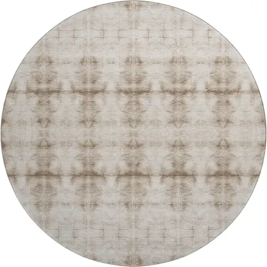 8' Beige And Taupe Geometric Washable Round Rug With UV Protection Photo 1
