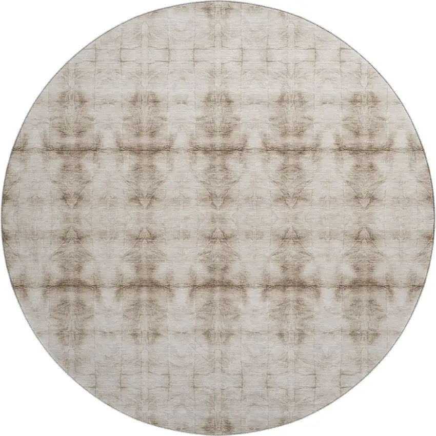 8' Beige And Taupe Geometric Washable Round Rug With UV Protection Photo 1