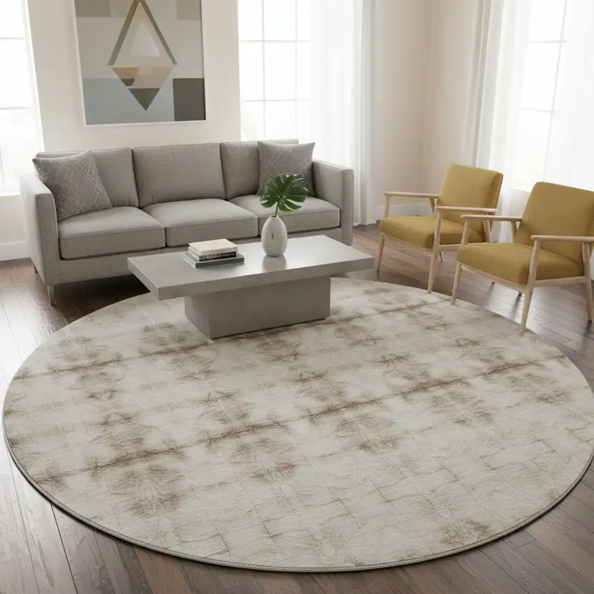 8' Beige And Taupe Geometric Washable Round Rug With UV Protection Photo 2