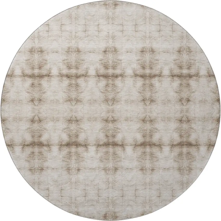 8' Beige And Taupe Geometric Washable Round Rug With UV Protection Photo 4