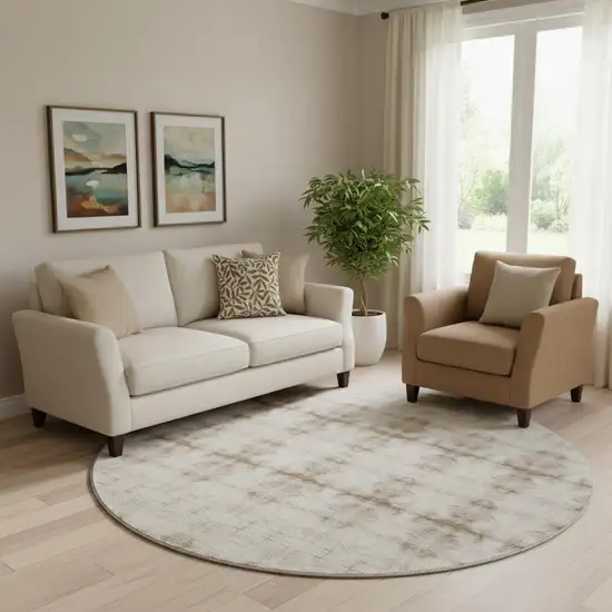 8' Beige And Taupe Geometric Washable Round Rug With UV Protection Photo 1