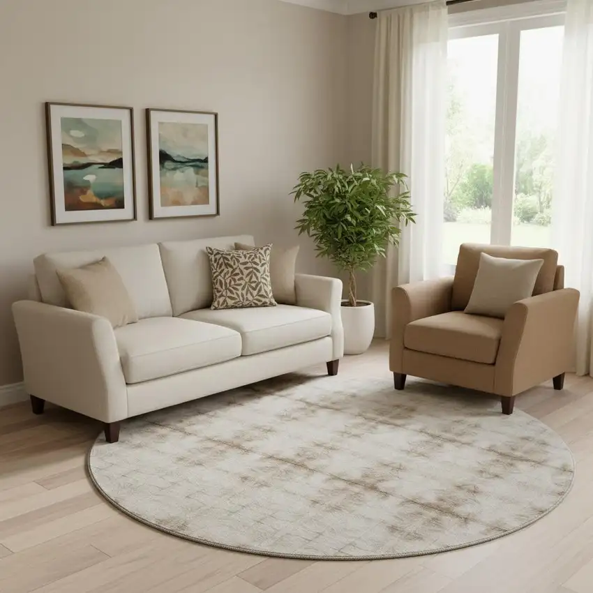 8' Beige And Taupe Geometric Washable Round Rug With UV Protection Photo 1