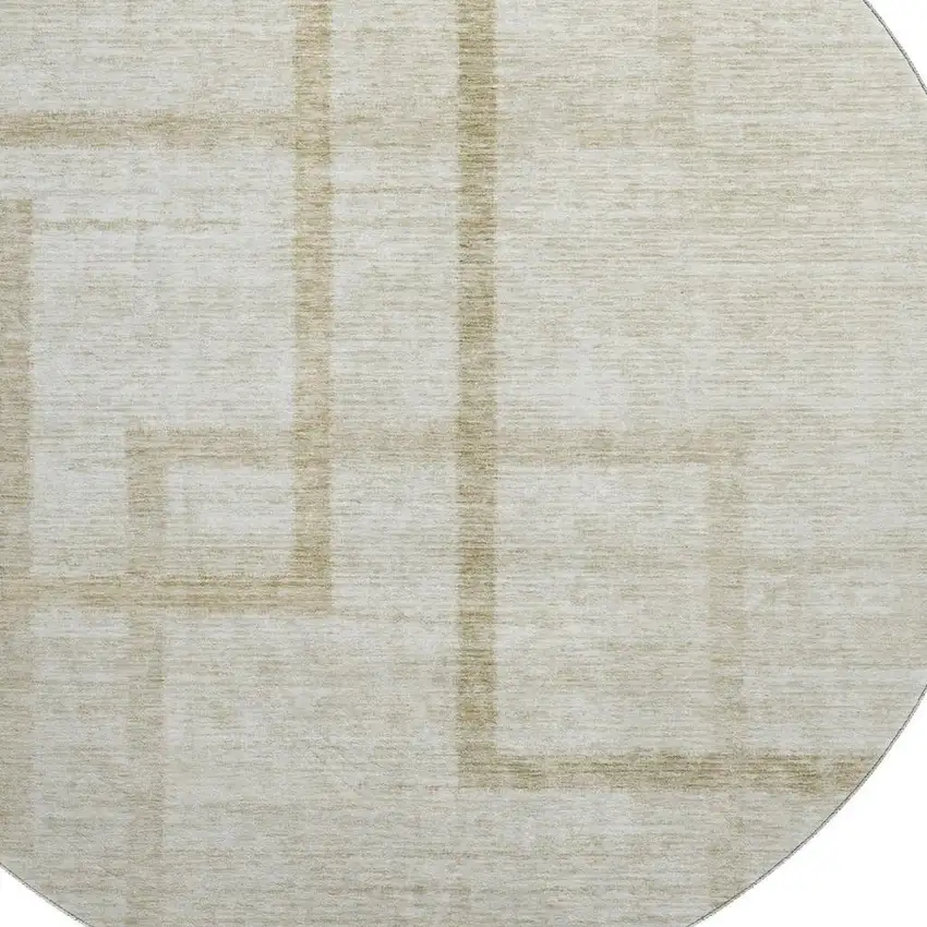 8' Beige And Taupe Geometric Washable Round Rug With UV Protection Photo 3