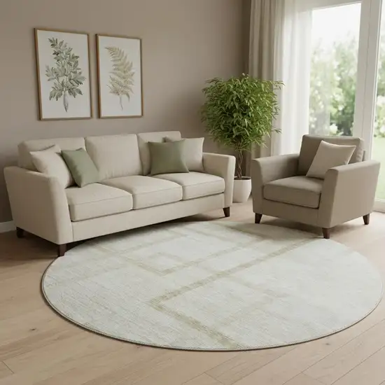 8' Beige And Taupe Geometric Washable Round Rug With UV Protection Photo 1