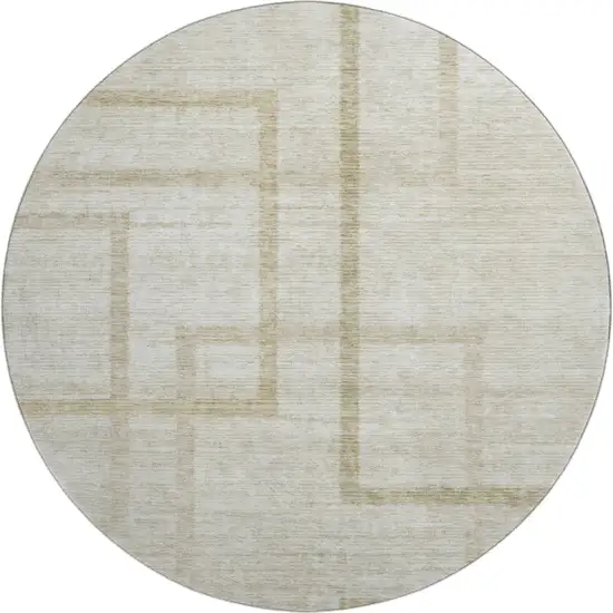 8' Beige And Taupe Geometric Washable Round Rug With UV Protection Photo 1