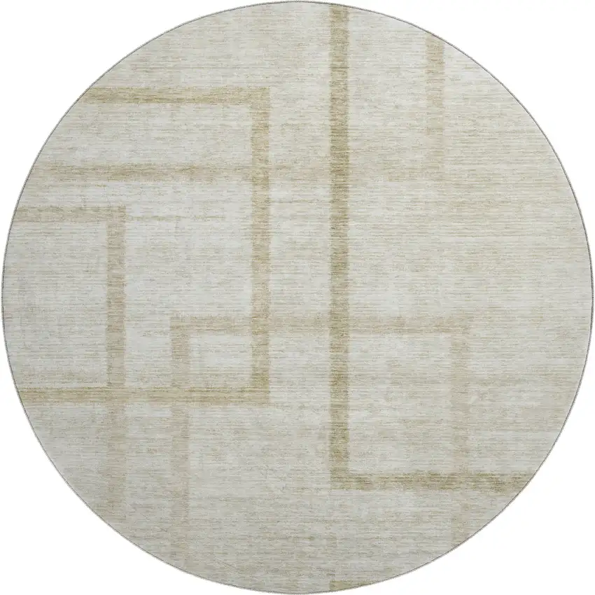 8' Beige And Taupe Geometric Washable Round Rug With UV Protection Photo 1