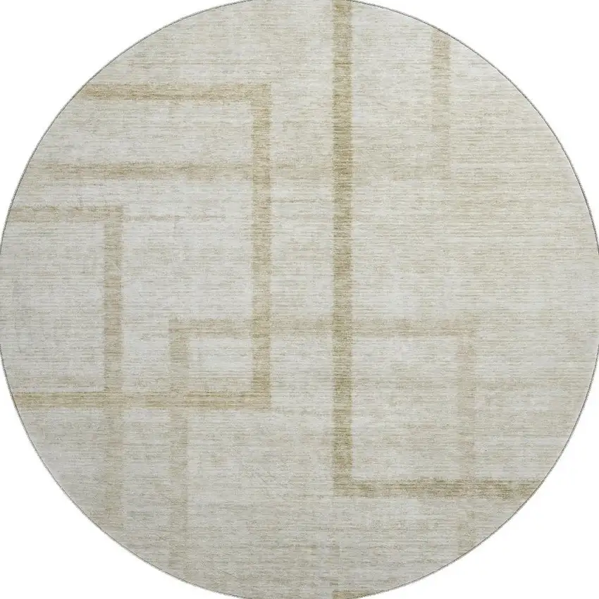 8' Beige And Taupe Geometric Washable Round Rug With UV Protection Photo 4