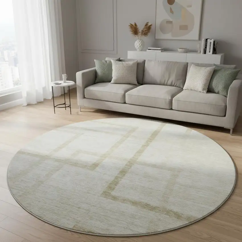 8' Beige And Taupe Geometric Washable Round Rug With UV Protection Photo 2