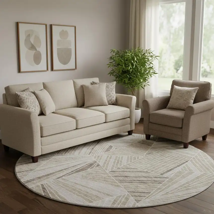 8' Beige And Taupe Geometric Washable Round Rug With UV Protection Photo 1