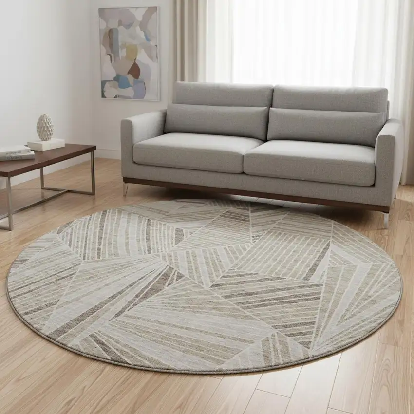 8' Beige And Taupe Geometric Washable Round Rug With UV Protection Photo 2