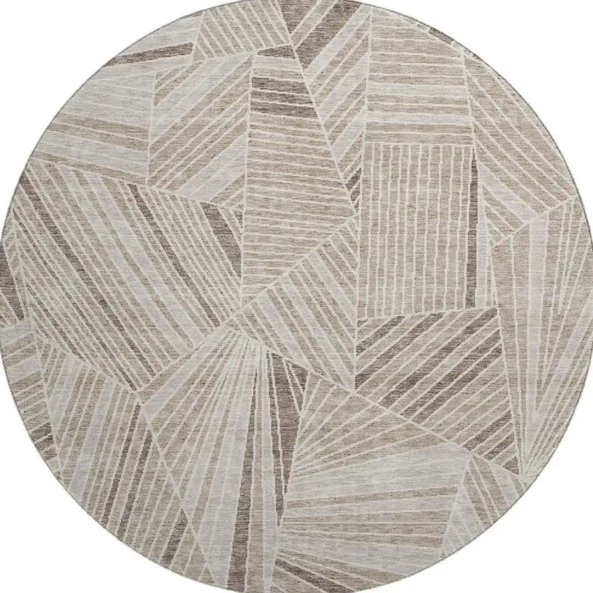 8' Beige And Taupe Geometric Washable Round Rug With UV Protection Photo 4