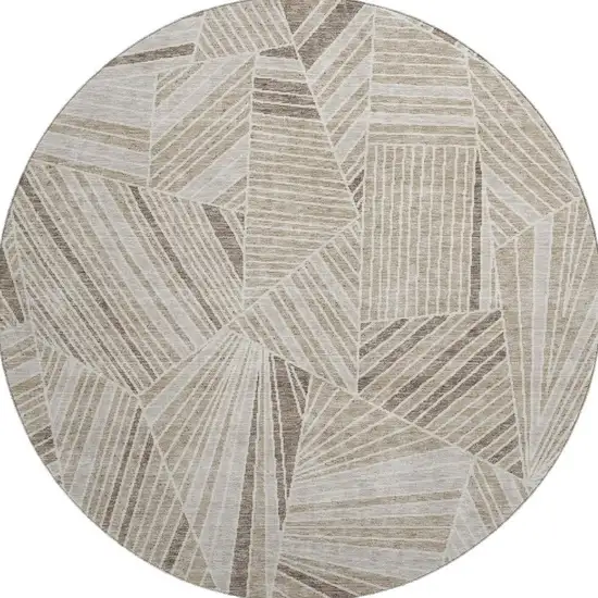 8' Beige And Taupe Geometric Washable Round Rug With UV Protection Photo 4