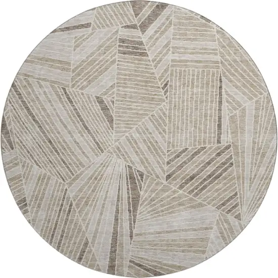 8' Beige And Taupe Geometric Washable Round Rug With UV Protection Photo 1