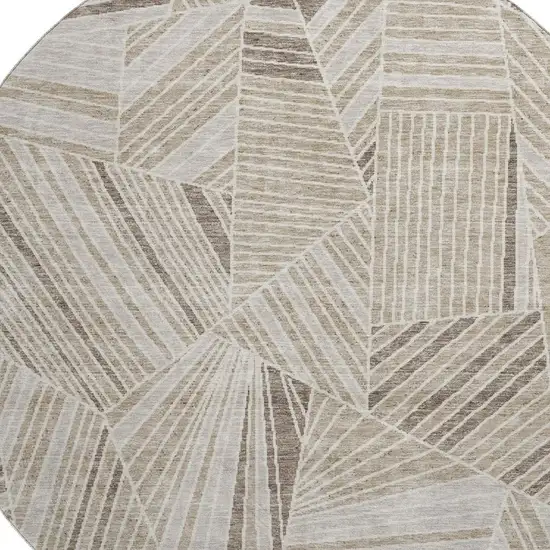 8' Beige And Taupe Geometric Washable Round Rug With UV Protection Photo 3