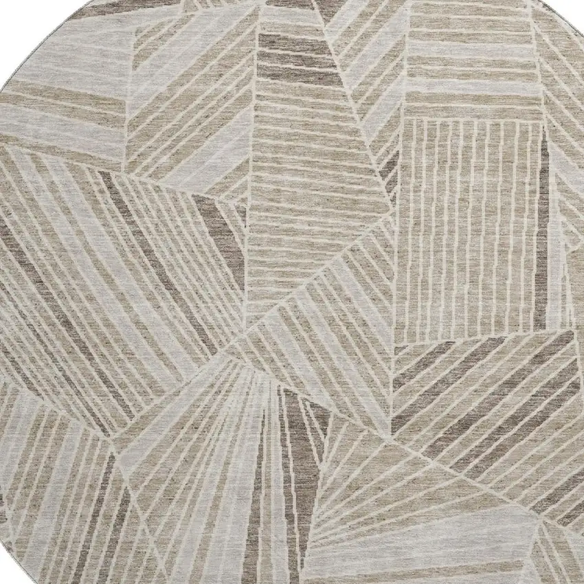 8' Beige And Taupe Geometric Washable Round Rug With UV Protection Photo 3
