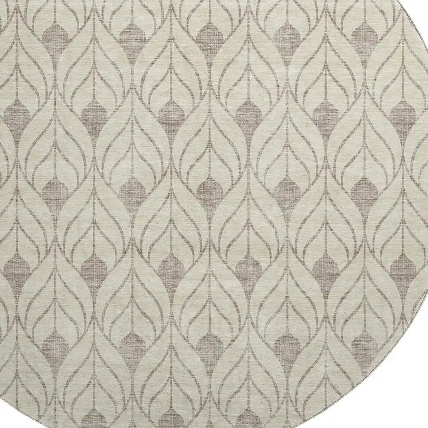 8' Beige And Taupe Geometric Washable Round Rug With UV Protection Photo 3