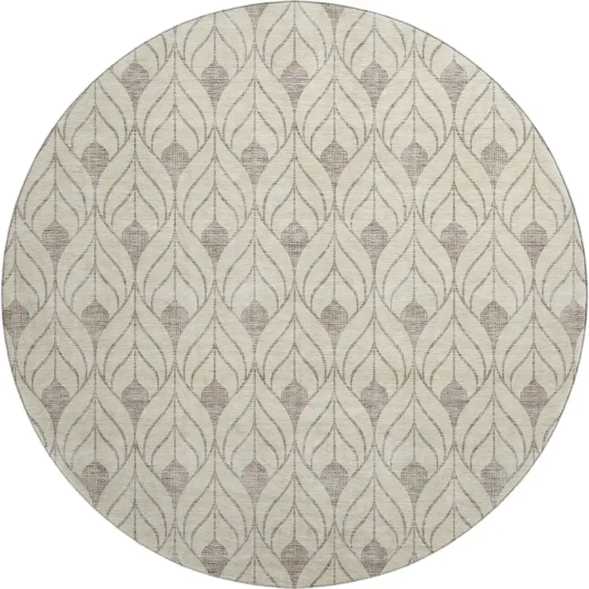 8' Beige And Taupe Geometric Washable Round Rug With UV Protection Photo 1