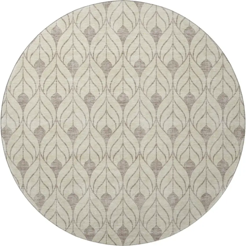8' Beige And Taupe Geometric Washable Round Rug With UV Protection Photo 2