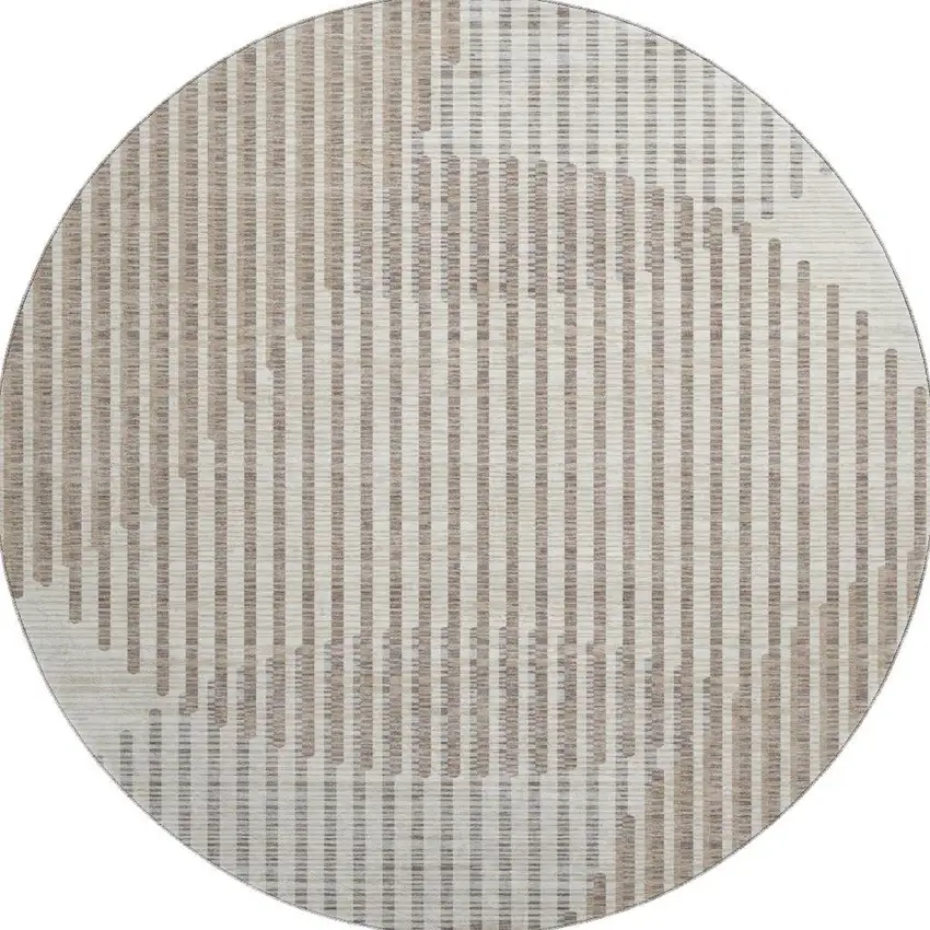 8' Beige And Taupe Geometric Washable Round Rug With UV Protection Photo 2