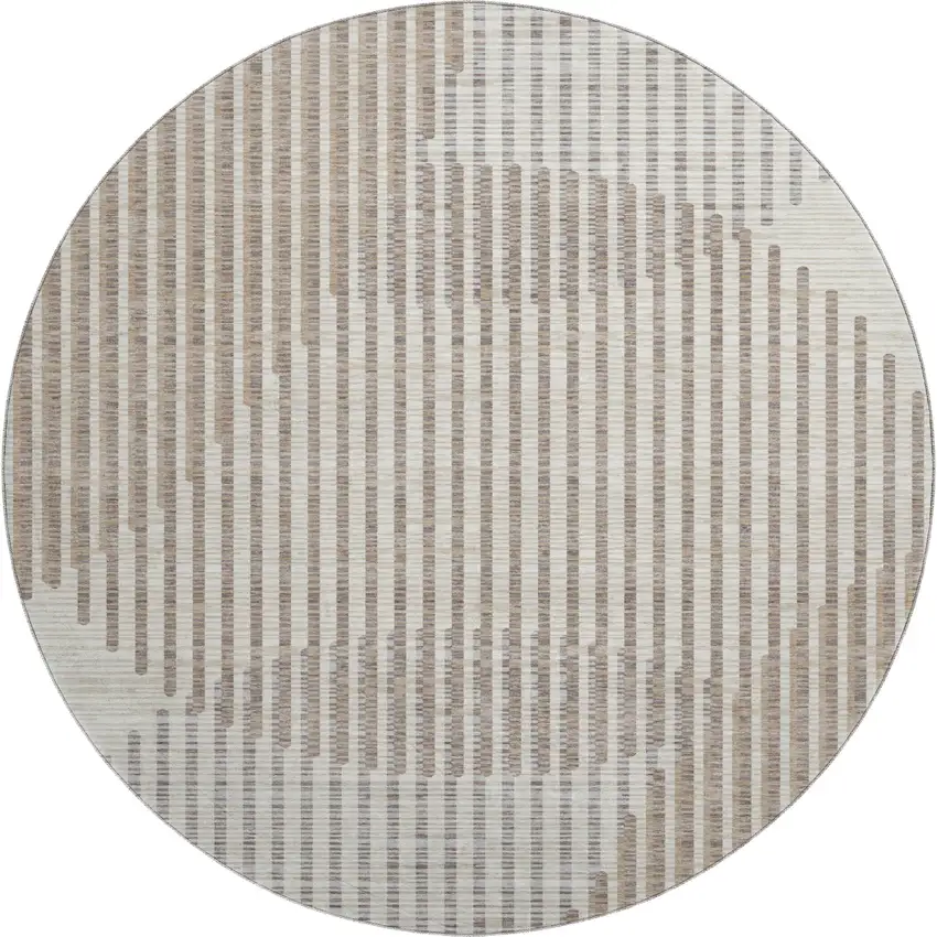 8' Beige And Taupe Geometric Washable Round Rug With UV Protection Photo 1