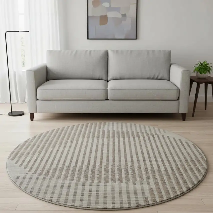 8' Beige And Taupe Geometric Washable Round Rug With UV Protection Photo 2