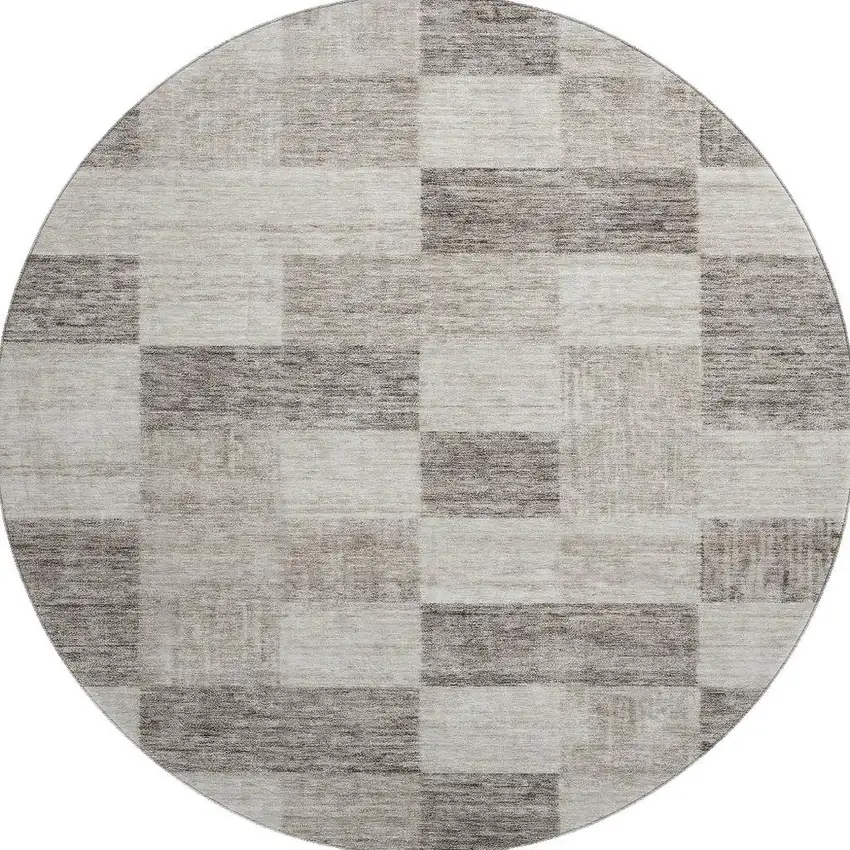 8' Beige And Taupe Geometric Washable Round Rug With UV Protection Photo 3