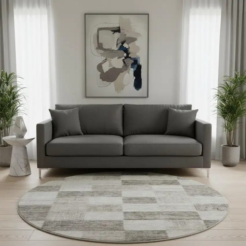 8' Beige And Taupe Geometric Washable Round Rug With UV Protection Photo 2