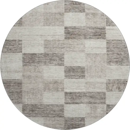 8' Beige And Taupe Geometric Washable Round Rug With UV Protection Photo 1
