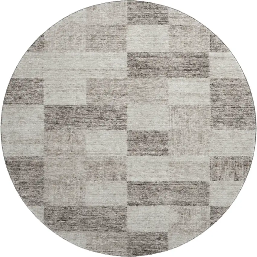 8' Beige And Taupe Geometric Washable Round Rug With UV Protection Photo 1