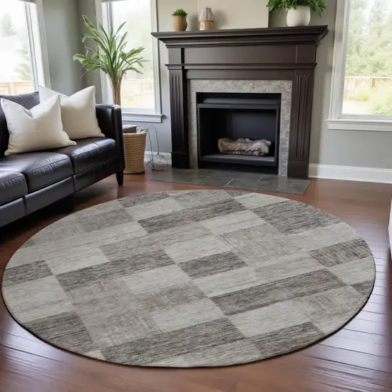 8' Beige And Taupe Geometric Washable Round Rug With UV Protection Photo 4