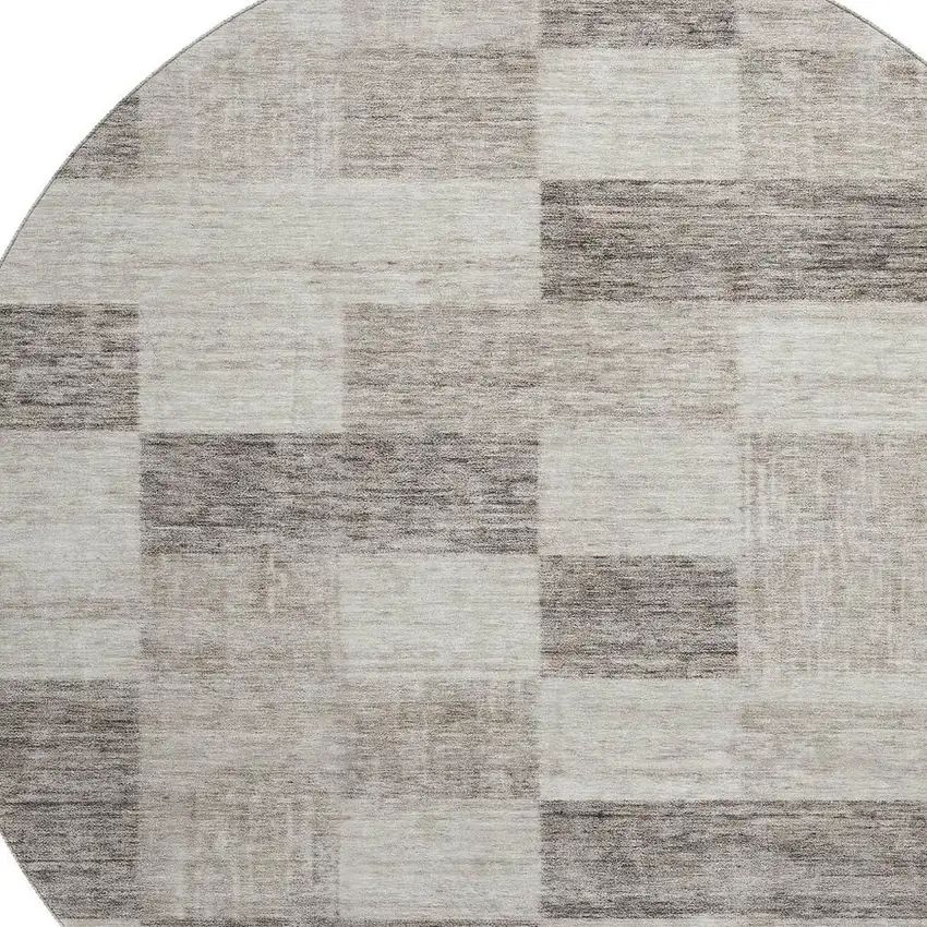 8' Beige And Taupe Geometric Washable Round Rug With UV Protection Photo 2