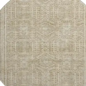 Photo of 8' Beige And Taupe Geometric Washable Round Rug With UV Protection