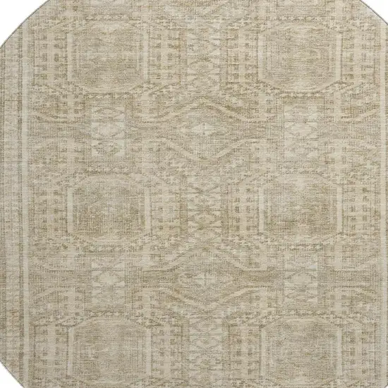 8' Beige And Taupe Geometric Washable Round Rug With UV Protection Photo 3