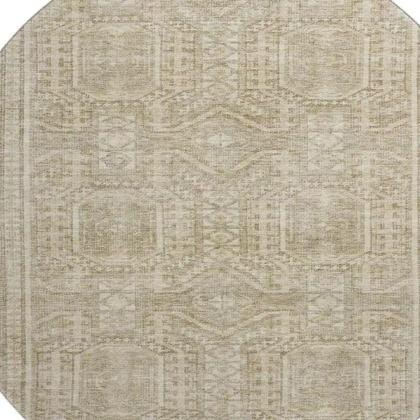 8' Beige And Taupe Geometric Washable Round Rug With UV Protection Photo 3