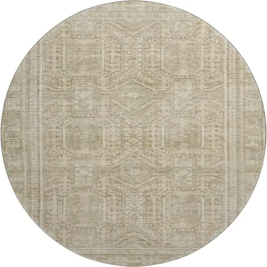 8' Beige And Taupe Geometric Washable Round Rug With UV Protection Photo 1