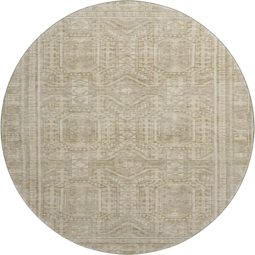 8' Beige And Taupe Geometric Washable Round Rug With UV Protection Photo 1