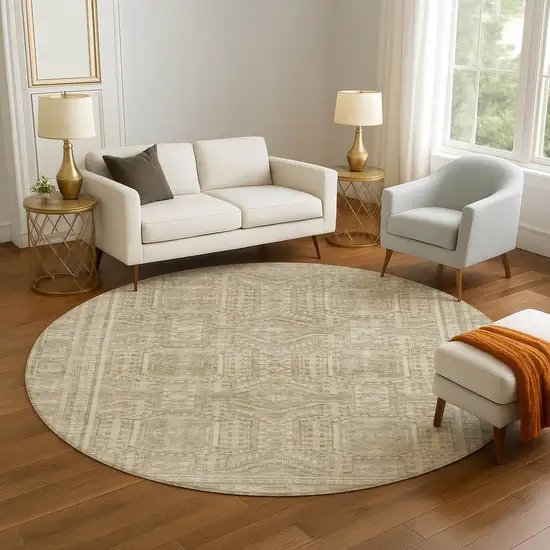 8' Beige And Taupe Geometric Washable Round Rug With UV Protection Photo 5