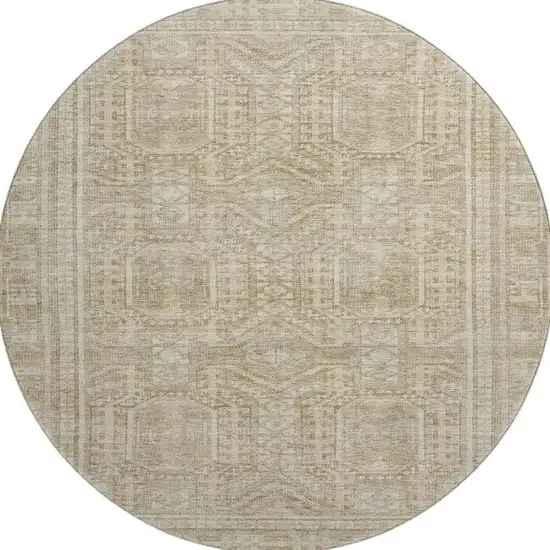 8' Beige And Taupe Geometric Washable Round Rug With UV Protection Photo 4