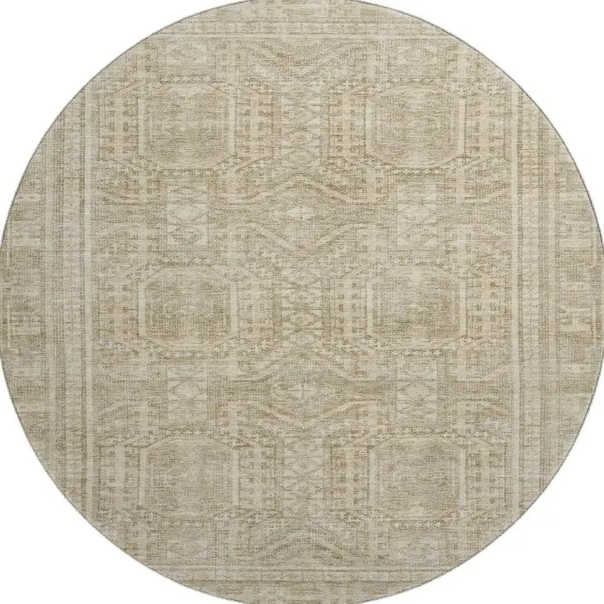 8' Beige And Taupe Geometric Washable Round Rug With UV Protection Photo 4