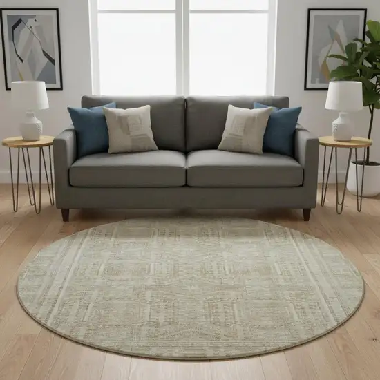 8' Beige And Taupe Geometric Washable Round Rug With UV Protection Photo 2