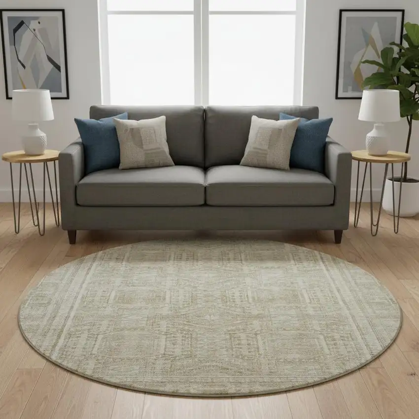 8' Beige And Taupe Geometric Washable Round Rug With UV Protection Photo 2