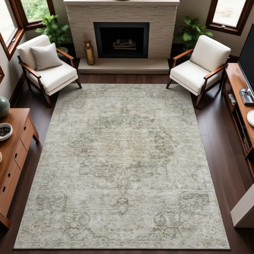 8' Beige And Taupe Oriental Washable Area Rug With UV Protection Photo 5
