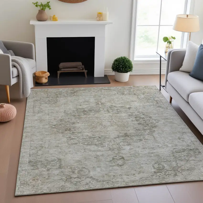 8' Beige And Taupe Oriental Washable Area Rug With UV Protection Photo 4