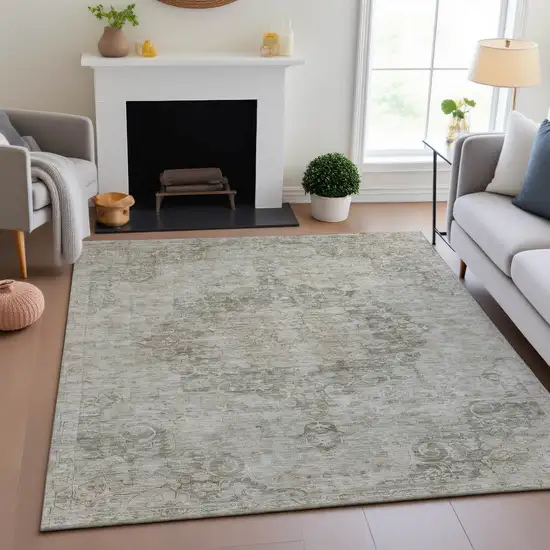 8' Beige And Taupe Oriental Washable Area Rug With UV Protection Photo 4